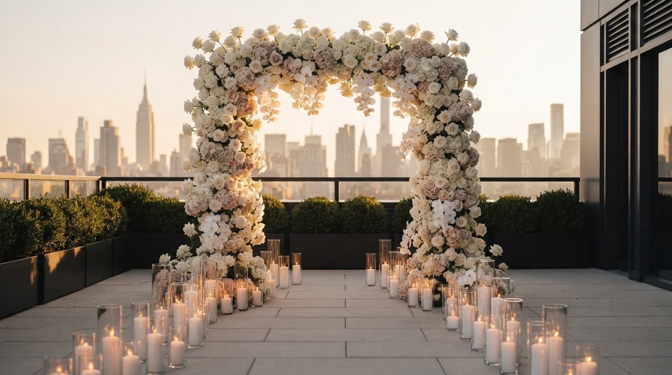 Luxury NYC proposal setup with a floral arch and candles