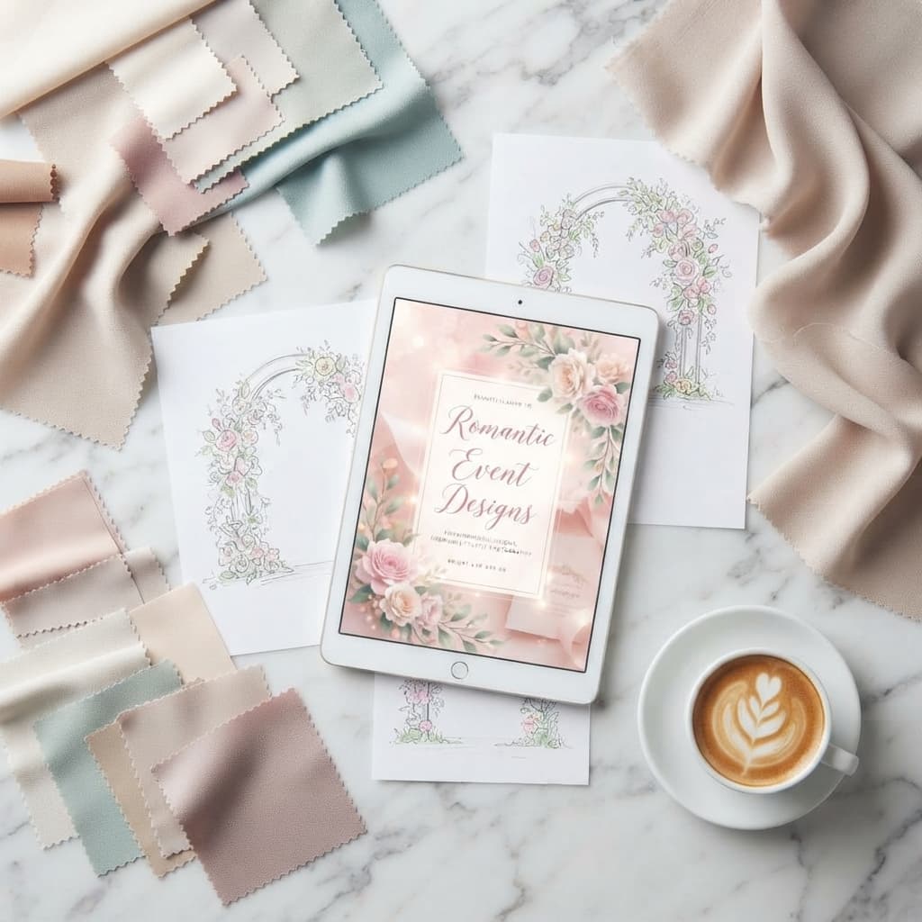 Mood board with invitation design, fabric swatches and floral sketches