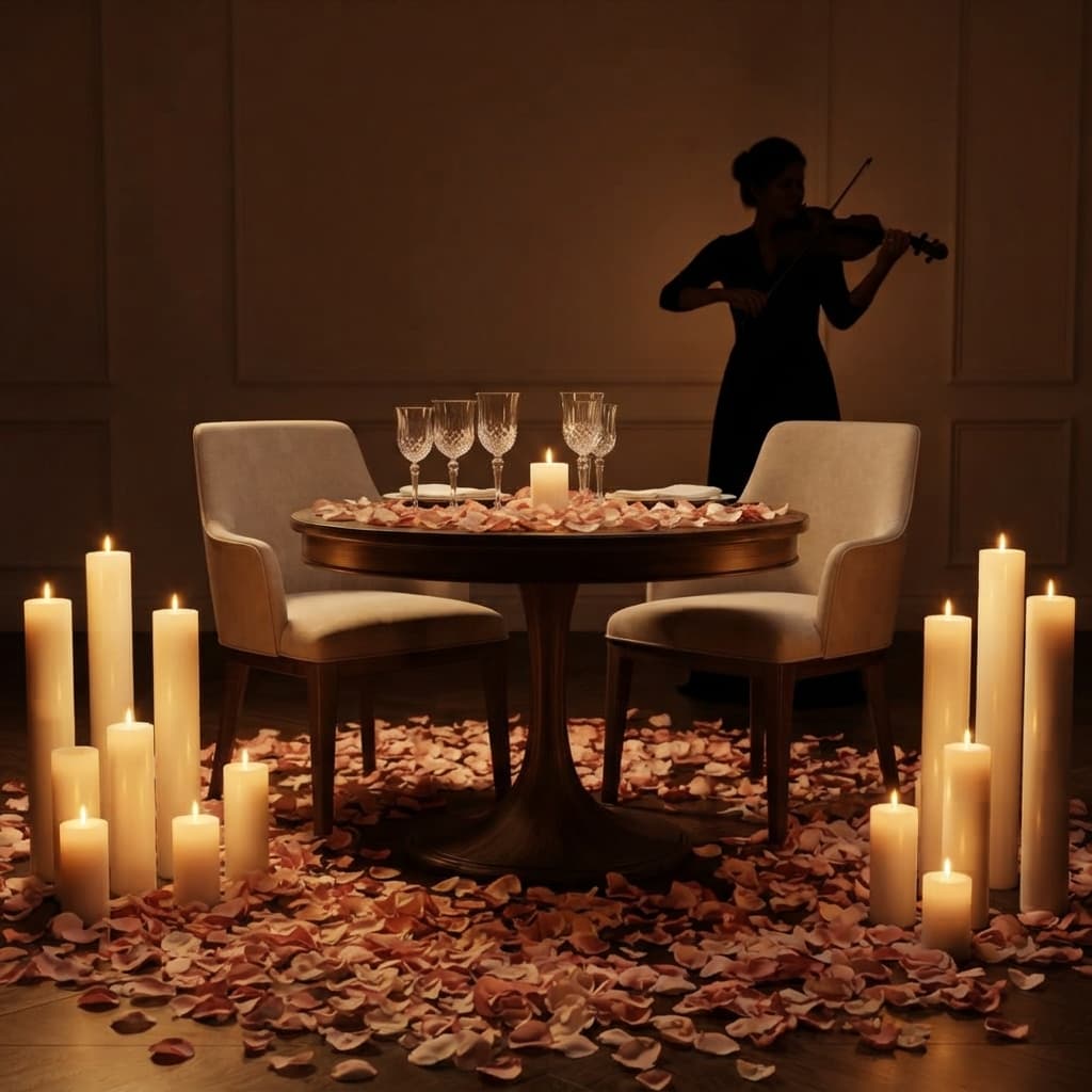 Candlelit private dinner setup with a live musician