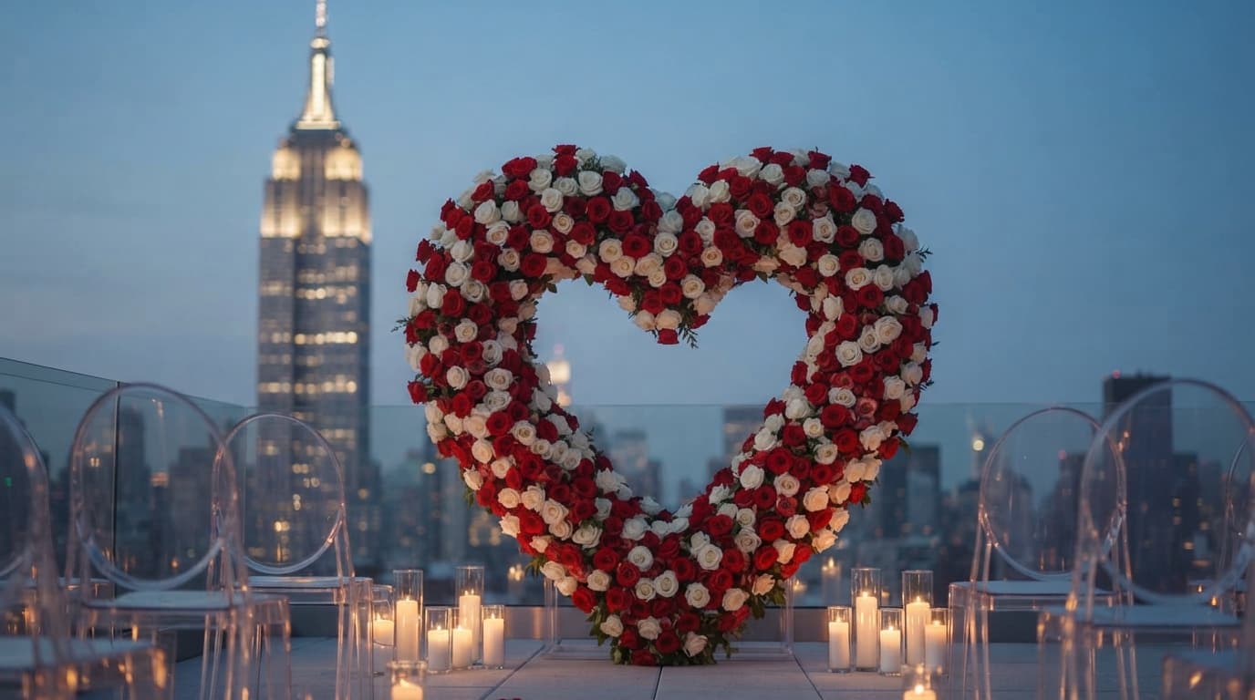 Rooftop proposal setup with a heart-shaped rose arch and the Manhattan skyline