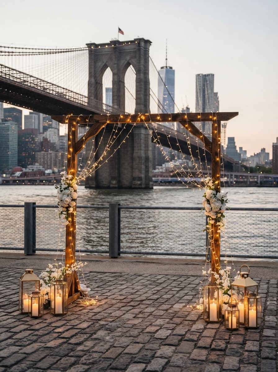 Candlelit proposal setup in Central Park surrounded by greenery