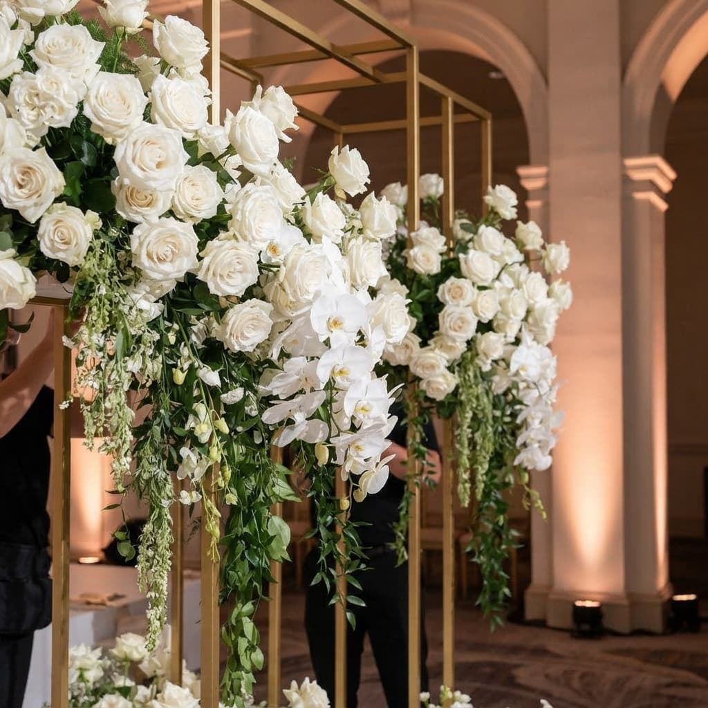 White rose and orchid installation in a marble hall